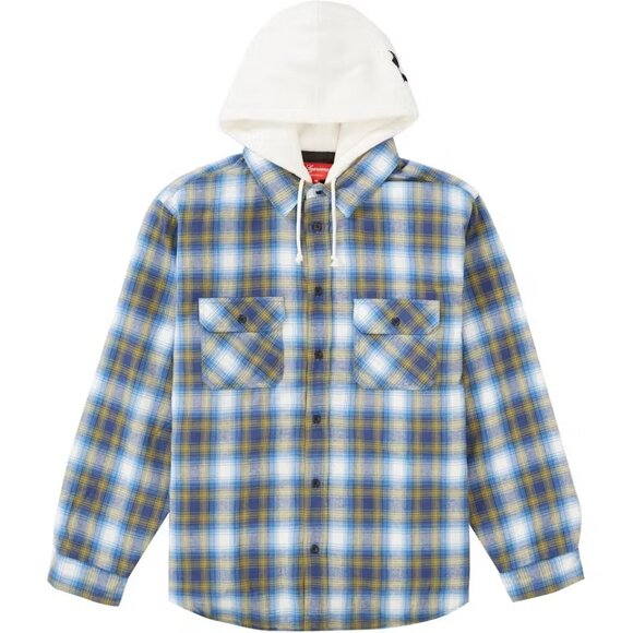 Supreme Hooded Flannel Zip Up Shirt Blue Green Plaid with Hoodie - Picture 3 of 5